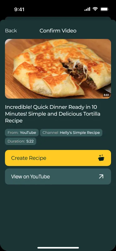 Confirm video and create recipe