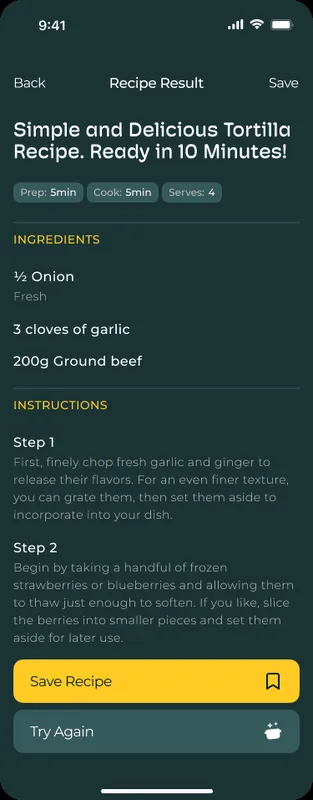 Generated recipe with ingredients and instructions